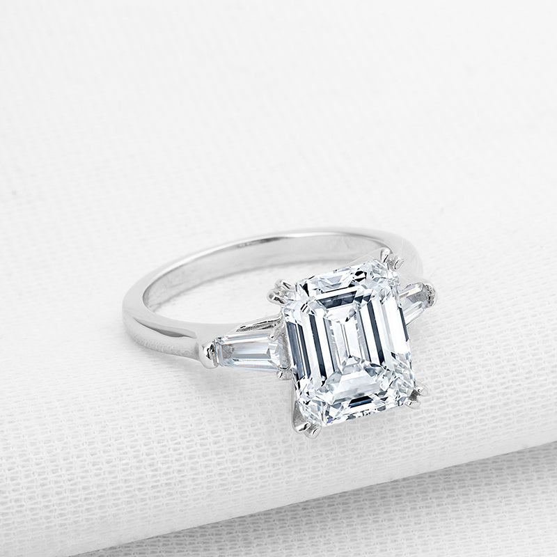 925 Sterling Silver Three Stone Emerald Cut CZ Ring 6