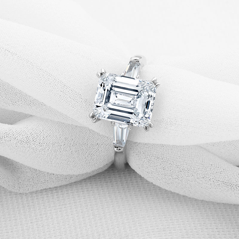 925 Sterling Silver Three Stone Emerald Cut CZ Ring 7