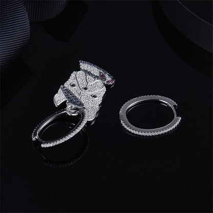 925 Sterling Silver Doggy Dog Created Diamond Asymmetric Hoop Earrings 3