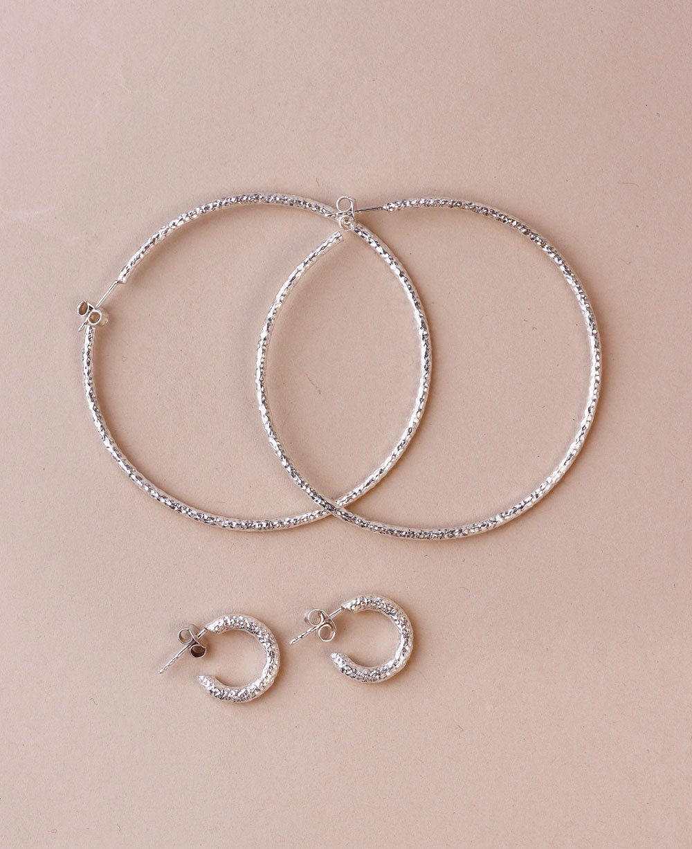 925 Sterling Silver Plain XL Hoops, Silver Hammered 4